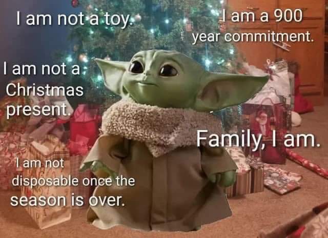 This meme is a playful take on the idea of being a "less is more" kind of person, especially during the holiday season. The image features a character from the Star Wars franchise, Baby Yoda, with a caption that says "I am not a toy, I am a 900 year old being, I am not a gift, I am a commitment, I am not a present, I am a 900 year old being, I am not a Christmas gift, I am a 900 year old being, I am not a toy, I am a 900 year old being, I am not a Christmas present, I am a 900 year old being." The text is repeated multiple times, with slight variations, to emphasize the idea that Baby Yoda is not a toy or a gift, but a being with a long history and a commitment to being himself.